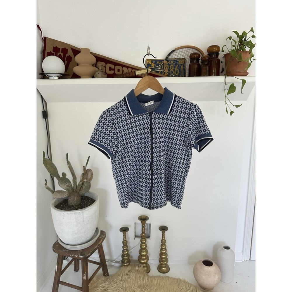Vintage 1970s Jalate Zip Up Collared Acrylic Short Sleeeve Shirt Small
